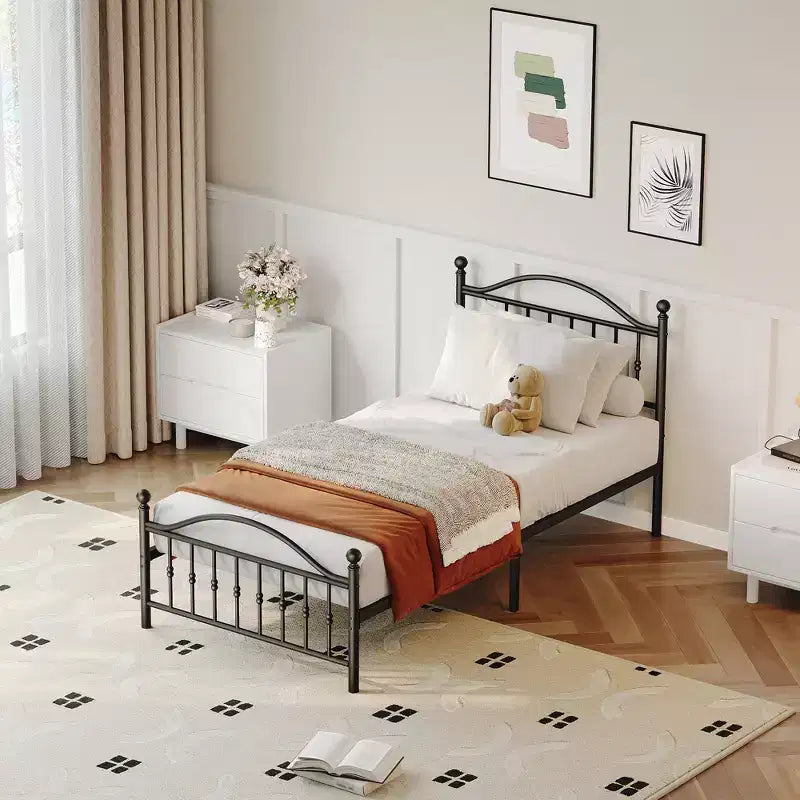 Metal Platform Bed Frame  Vintage Circular Headboard & Footboard, No Box Spring Required, Choose Size, Black