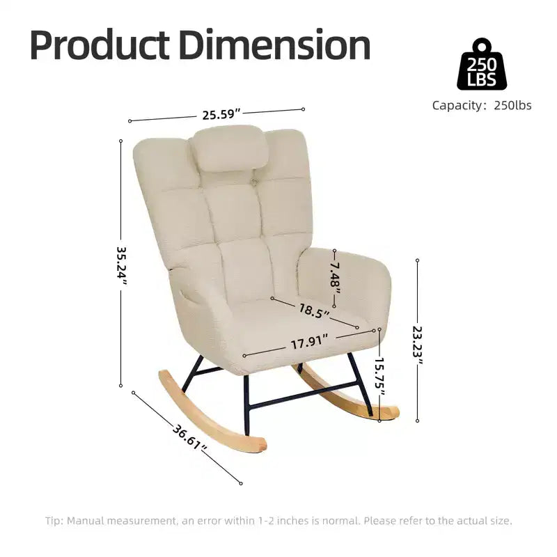 Fauteuil à bascule pour chambre d'enfant, fauteuil à bascule planeur en tissu teddy avec dossier haut, fauteuil de lecture pour chambre à coucher, salon, sans pouf.