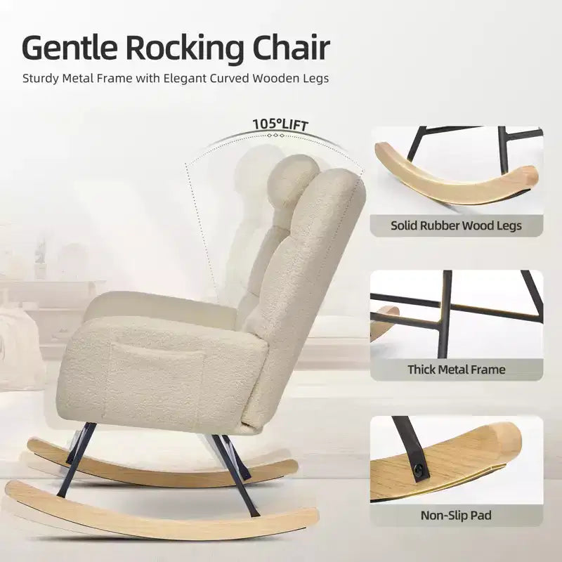 Fauteuil à bascule pour chambre d'enfant, fauteuil à bascule planeur en tissu teddy avec dossier haut, fauteuil de lecture pour chambre à coucher, salon, sans pouf.