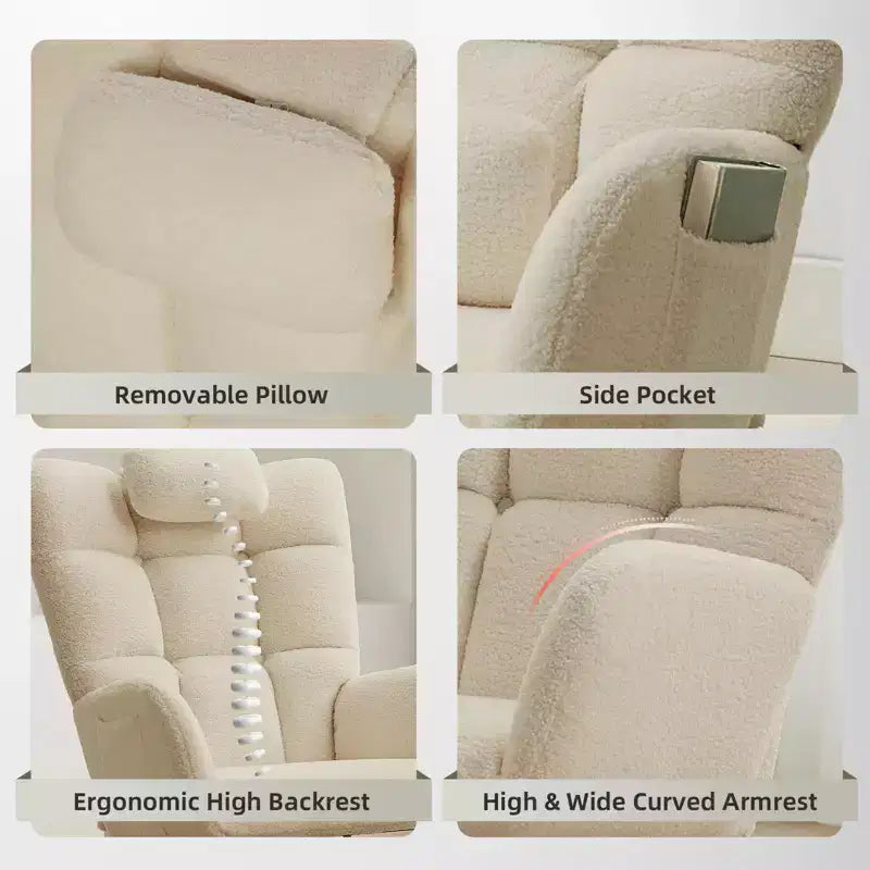 Fauteuil à bascule pour chambre d'enfant, fauteuil à bascule planeur en tissu teddy avec dossier haut, fauteuil de lecture pour chambre à coucher, salon, sans pouf.