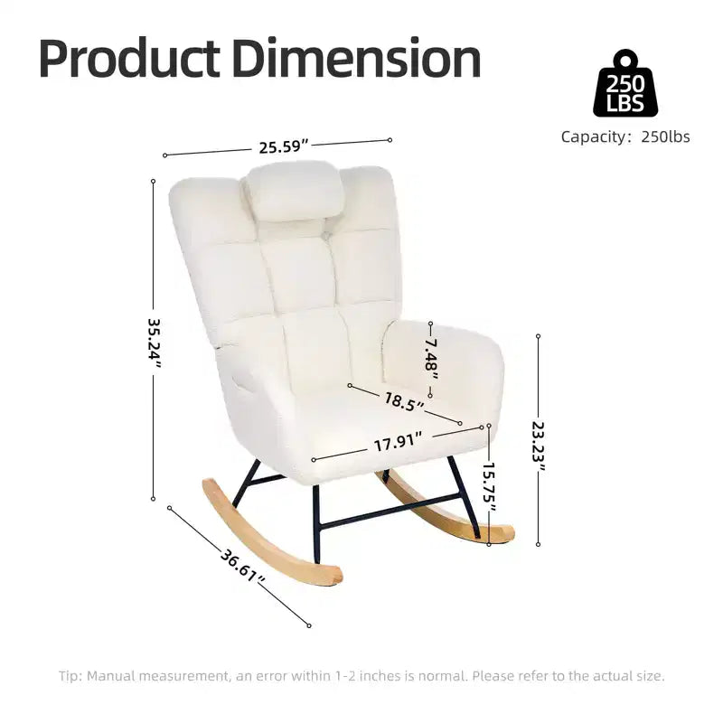 Fauteuil à bascule pour chambre d'enfant, fauteuil à bascule planeur en tissu teddy avec dossier haut, fauteuil de lecture pour chambre à coucher, salon, sans pouf.