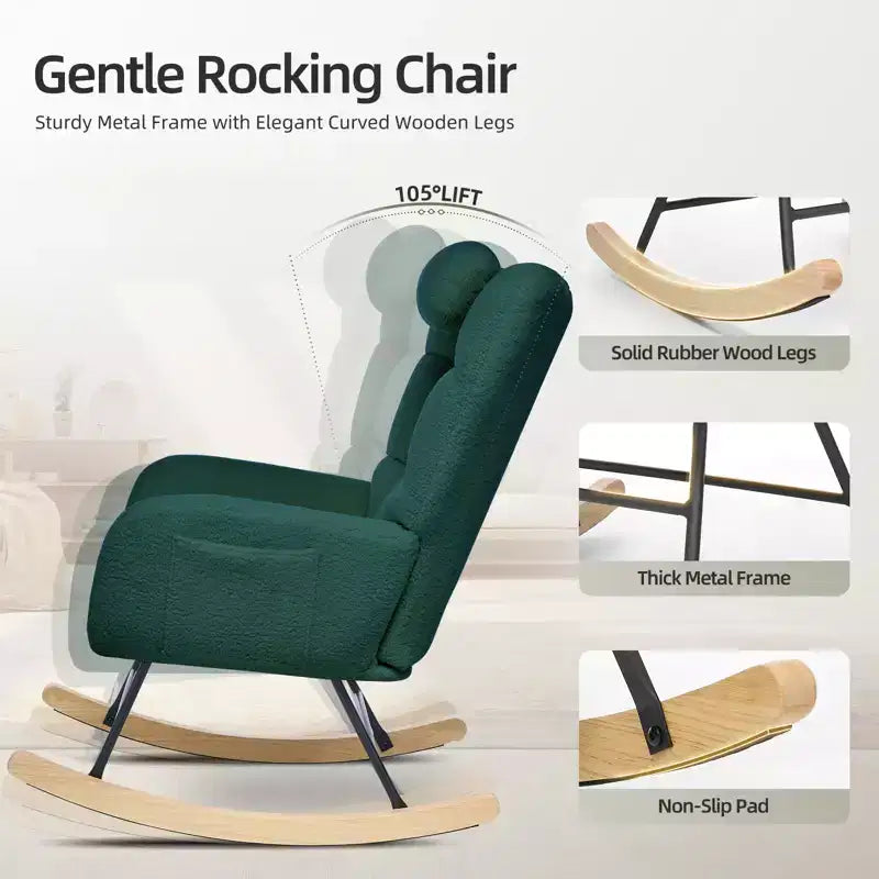 Fauteuil à bascule pour chambre d'enfant, fauteuil à bascule planeur en tissu teddy avec dossier haut, fauteuil de lecture pour chambre à coucher, salon, sans pouf.