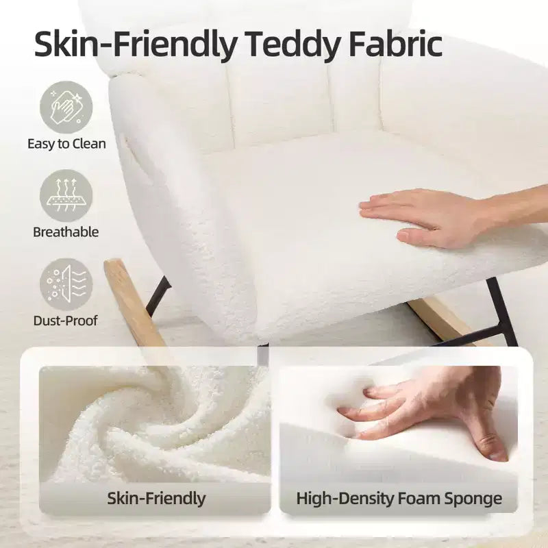Fauteuil à bascule pour chambre d'enfant, fauteuil à bascule planeur en tissu teddy avec dossier haut, fauteuil de lecture pour chambre à coucher, salon, sans pouf.