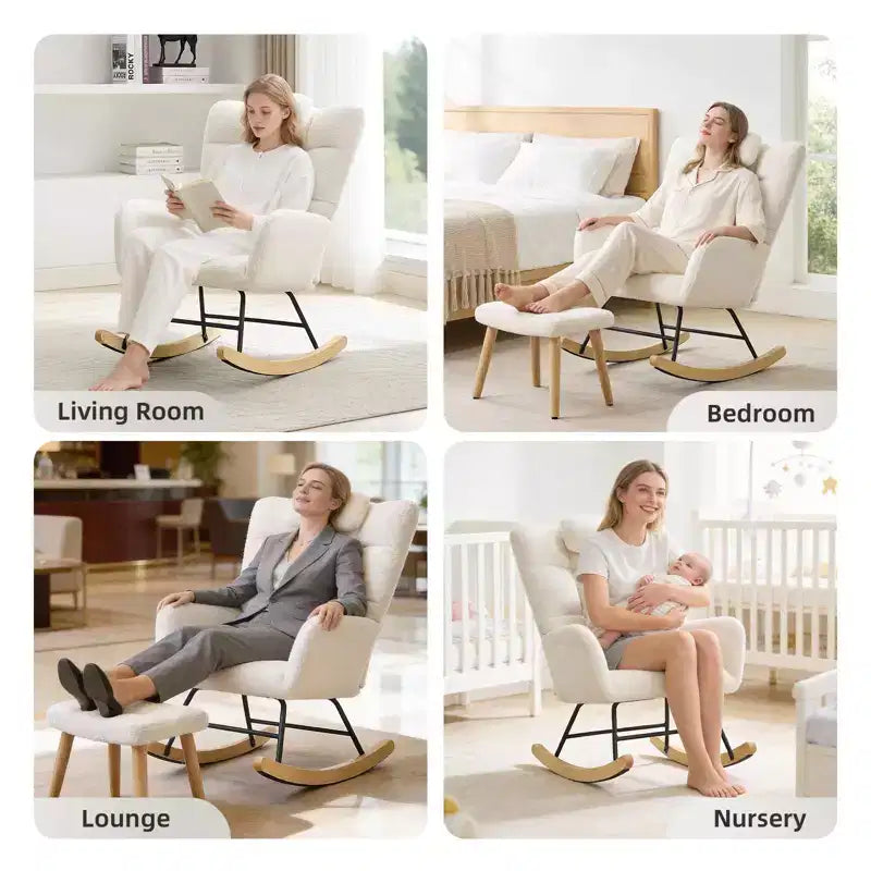 Fauteuil à bascule pour chambre d'enfant, fauteuil à bascule planeur en tissu teddy avec dossier haut, fauteuil de lecture pour chambre à coucher, salon, sans pouf.
