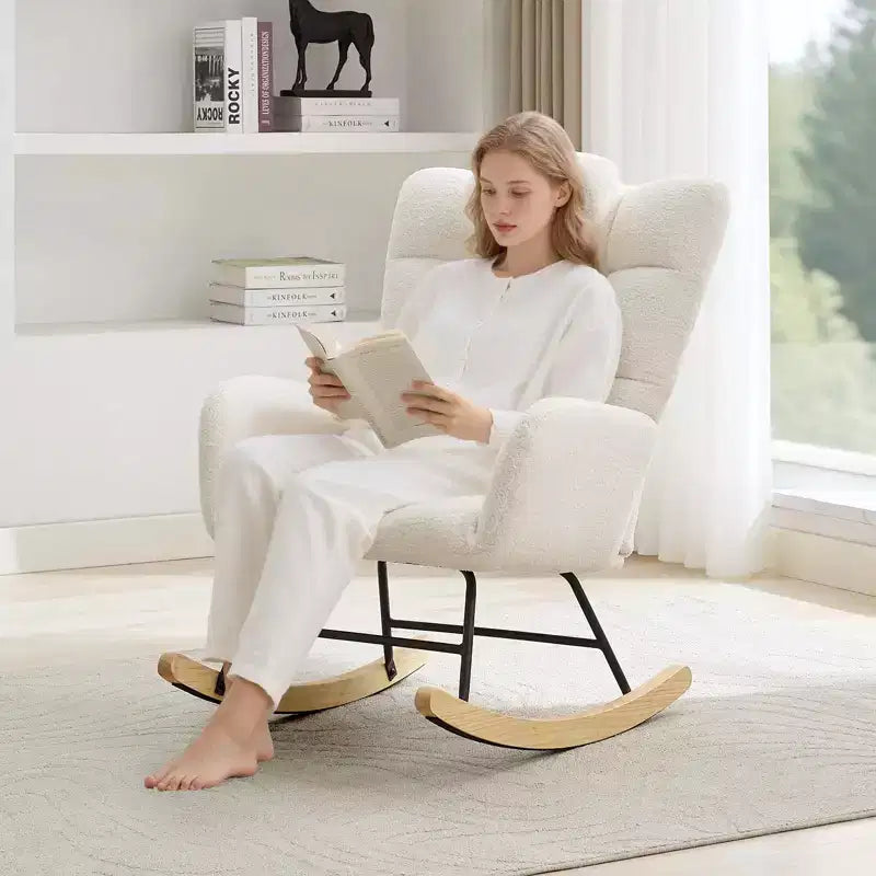 Nursery Rocking Chair, Teddy Upholstered Glider Rocking Chair with High Backrest, Armchair Reading Chair for Bedroom, Living Room, Without Ottoman