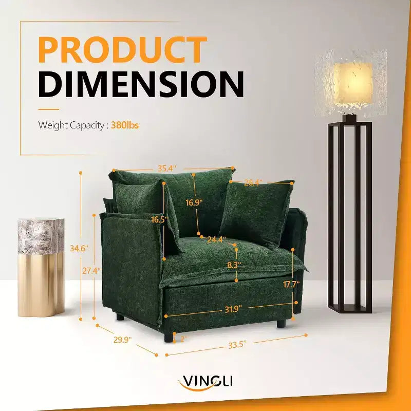 Fauteuils d'appoint, Vert 34 Largeur Fauteuil de lecture surdimensionné Fauteuil rembourré en tissu chenille doux Chaises de salon Canapé