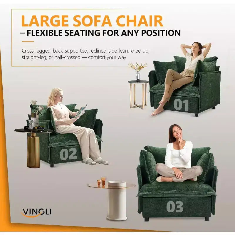 Fauteuils d'appoint, Vert 34 Largeur Fauteuil de lecture surdimensionné Fauteuil rembourré en tissu chenille doux Chaises de salon Canapé