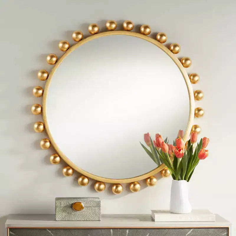 Miroir mural décoratif rond pour coiffeuse, cadre sphérique moderne doré à la feuille métallique, 33 pouces de large, pour salle de bain et chambre